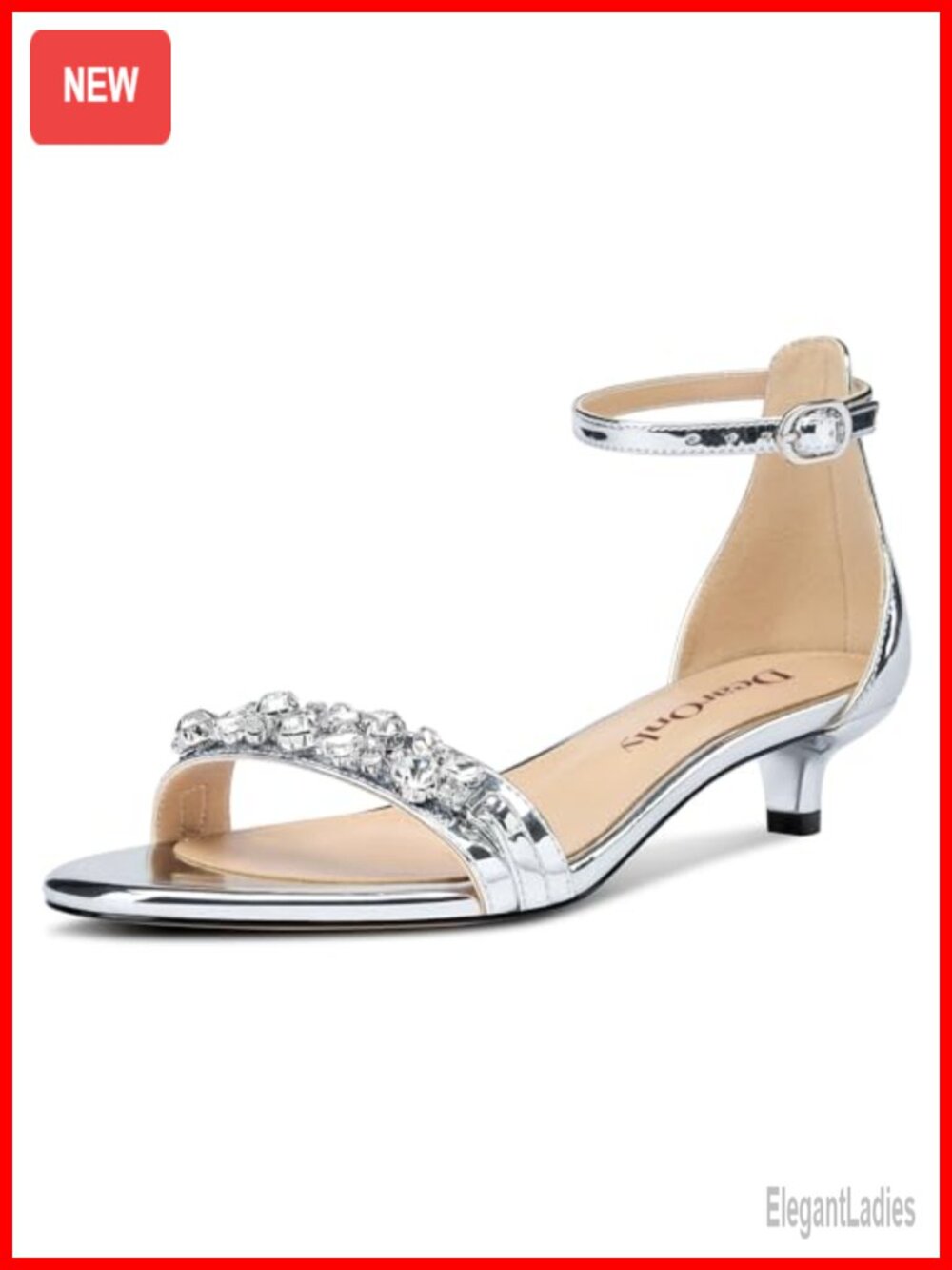 Womens Low Kitten Heel Peep Toe Ankle Strap Sandals Rhinestone Crystal Buckle